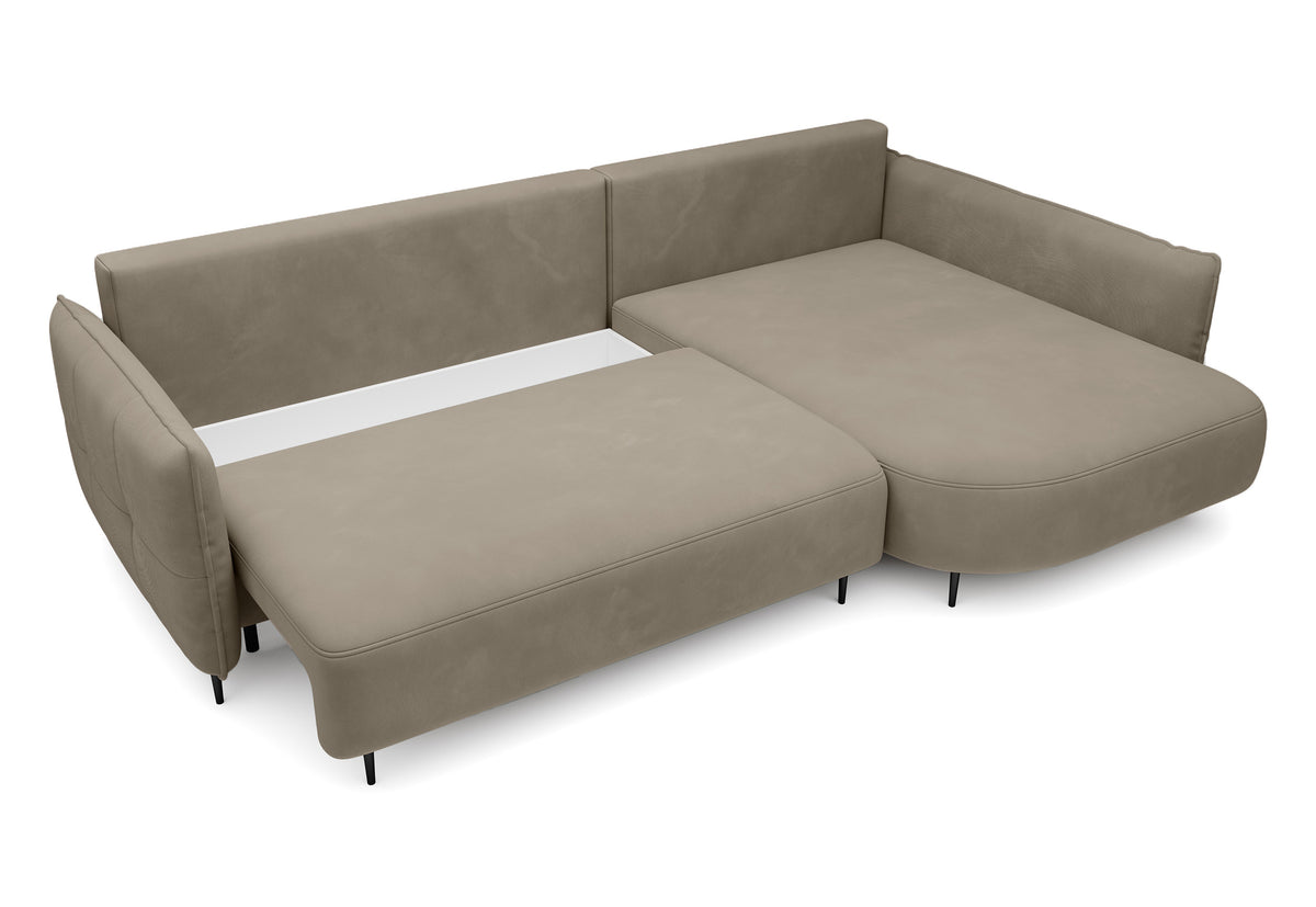 Canapé d'angle Oblivio avec fonction couchage, en L, avec coffre de rangement, velours hydrofuge couleur brun clair, côté droit