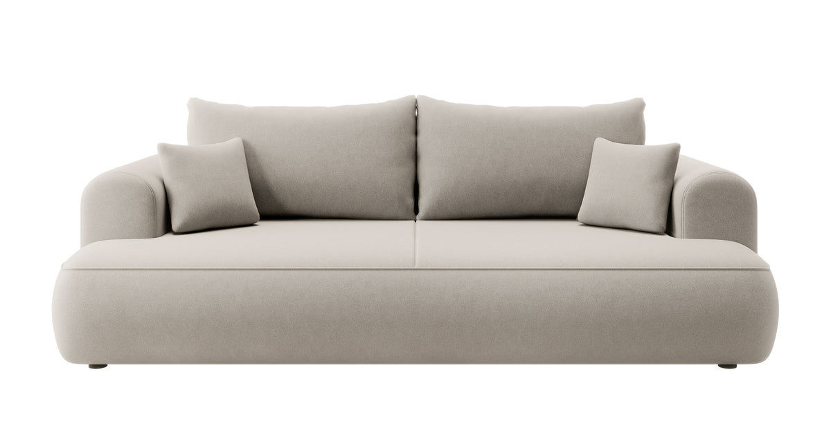 Canapé convertible 3 places Ovo avec rangement, velours crème en tissu facile à nettoyer