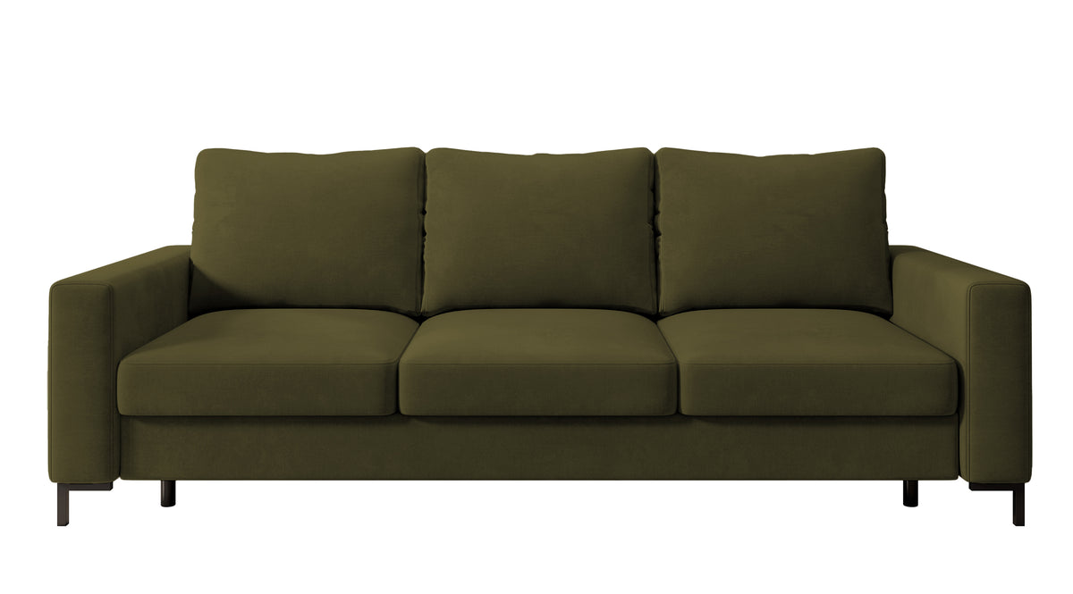 Dreisitziges ausklappbares Sofa Mokpeo mit Stauraum, olivgrüner Samtbezug