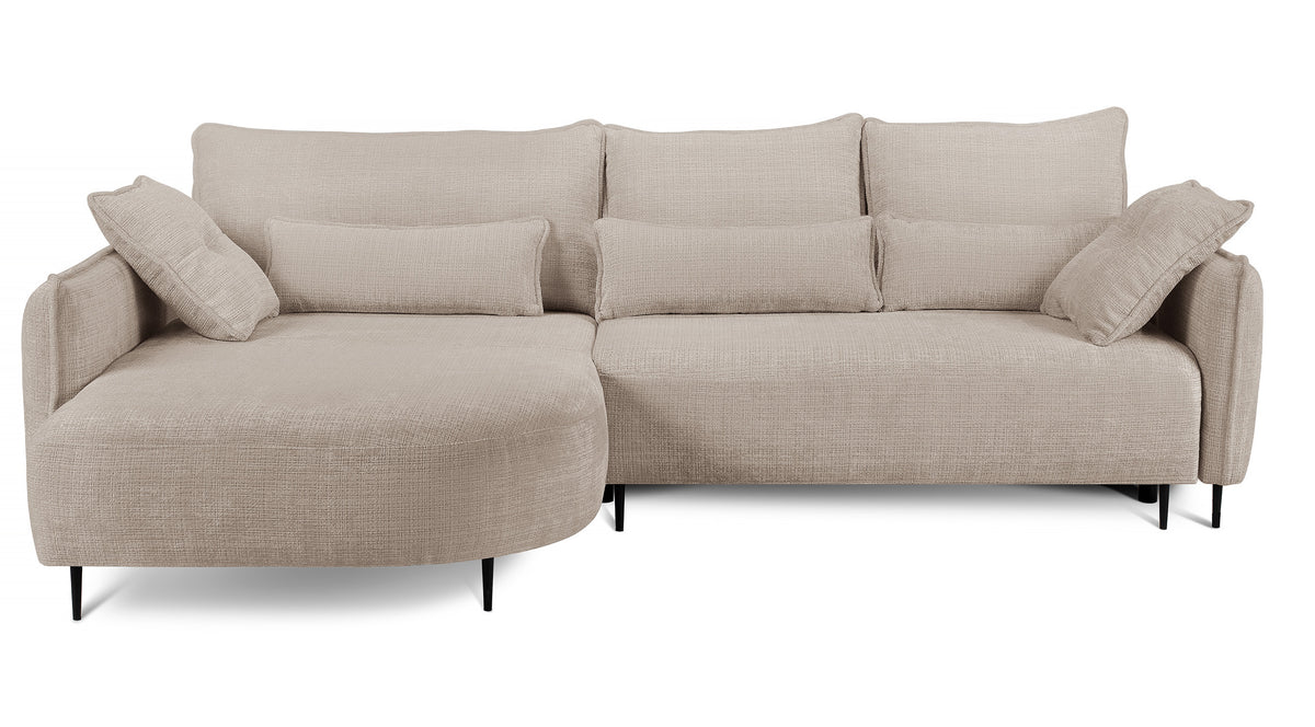 Canapé d'angle Oblivio avec fonction couchage, forme en L, rangement, tissu chenille beige clair, côté gauche