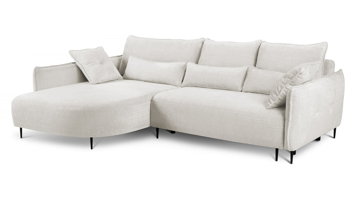 Canapé d'angle Oblivio avec fonction couchage, forme en L, avec coffre de rangement, tissu chenille crème, version gauche