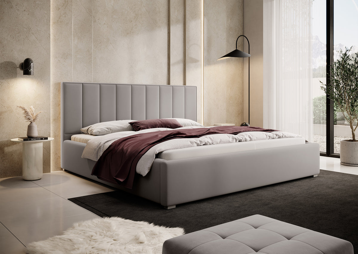 Lit tapissé 140x200 cm Rinus beige clair en tissu hydrofuge
