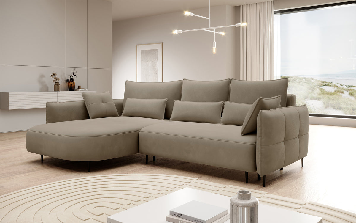 Canapé d’angle Oblivio avec fonction couchage en L, coffre de rangement, velours hydrofuge couleur brun clair, version gauche