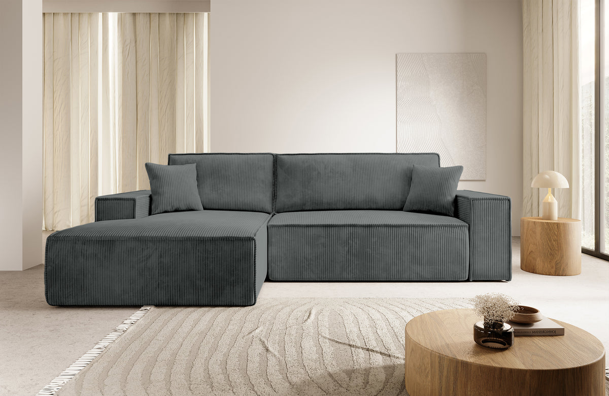 Canapé d'angle avec fonction couchage Farese New en L, avec coffre de rangement, velours côtelé gris, côté gauche