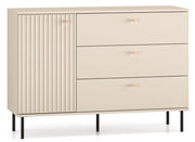 Commode 1 porte Caletto avec trois tiroirs 120 cm, lamelles décoratives beige