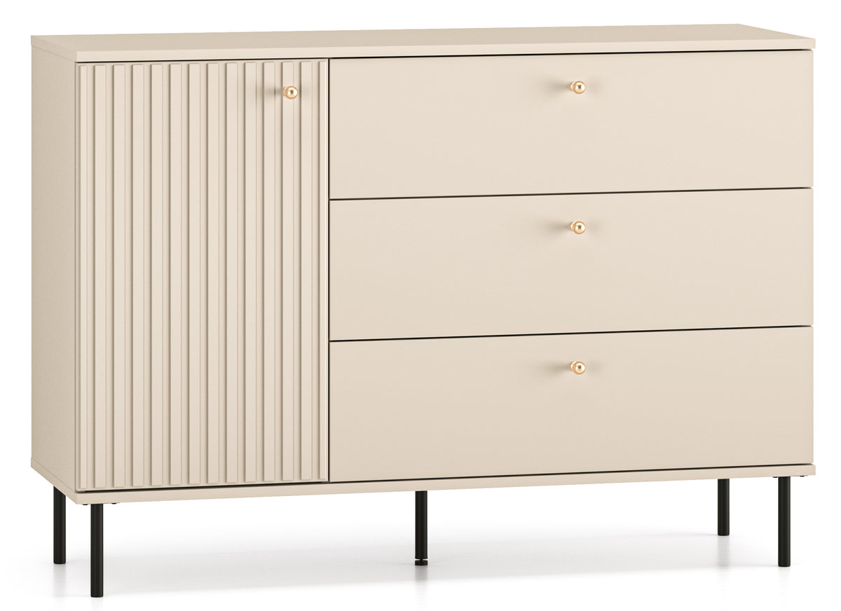 Commode 1 porte Caletto avec trois tiroirs 120 cm, lamelles décoratives beige