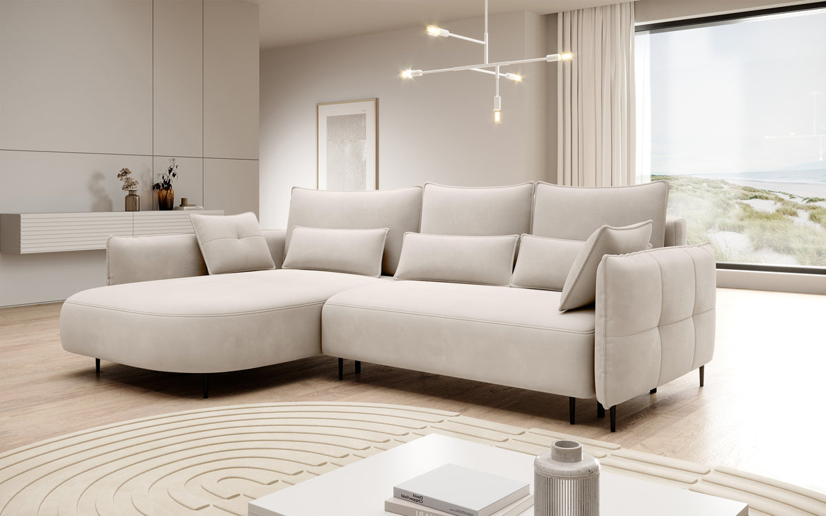 Canapé d'angle Oblivio avec fonction couchage en L, coffre de rangement, velours crème hydrofuge, version gauche