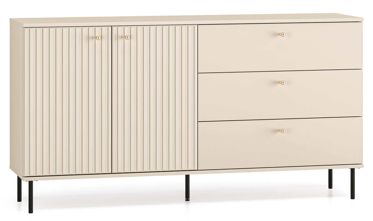 Commode 2 portes Caletto avec 3 tiroirs 160 cm lames décoratives beige