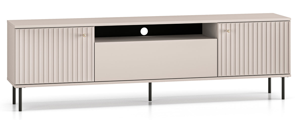 Meuble TV Caletto 2 portes avec abattant et étagère 180 cm lamelles décoratives cachemire