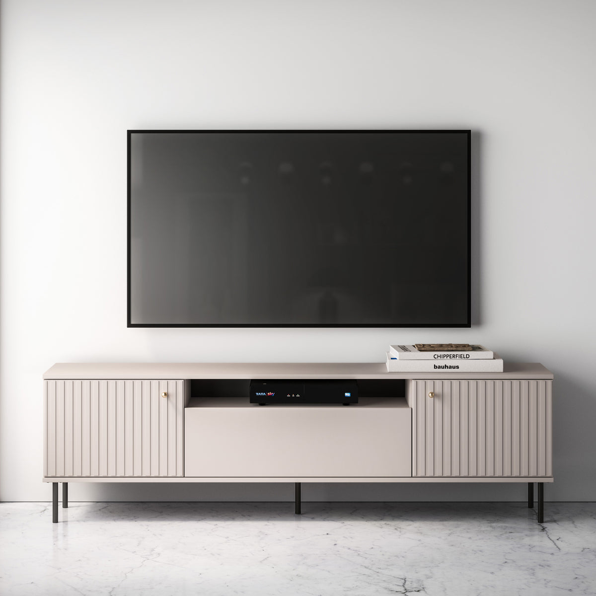 Meuble TV Caletto 2 portes avec abattant et étagère 180 cm lamelles décoratives cachemire