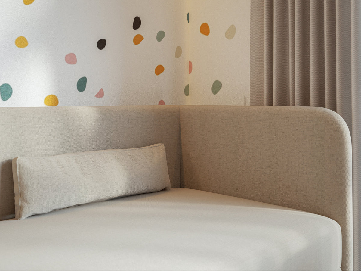Lit junior 90x200 cm Calmmo droit avec rangement, chenille hydrofuge beige clair