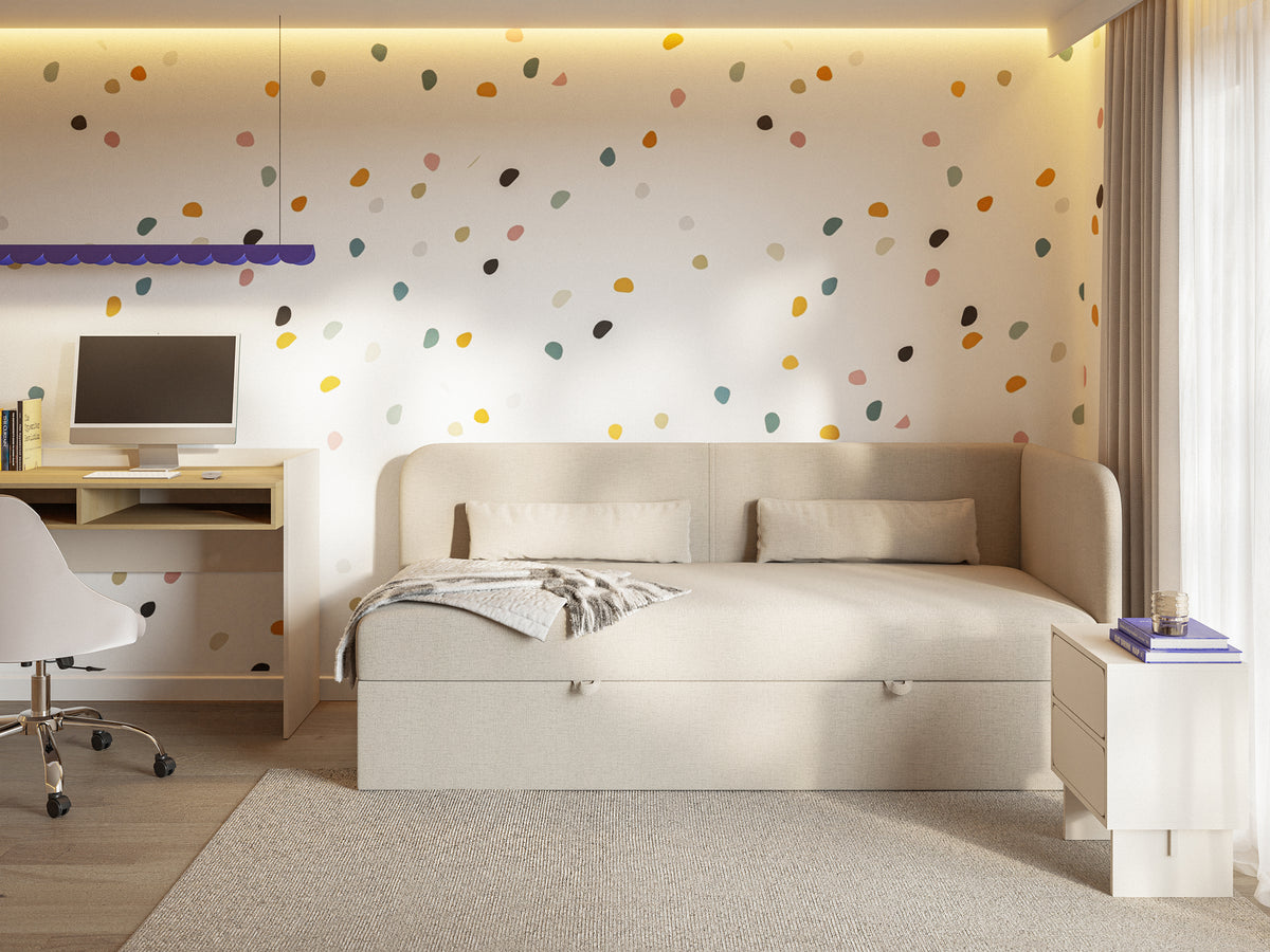 Lit junior 90x200 cm Calmmo droit avec rangement, chenille hydrofuge beige clair