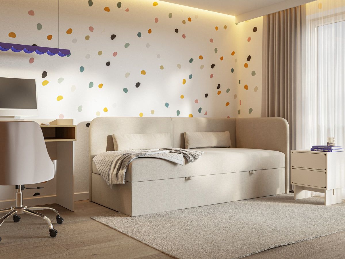 Lit junior 90x200 cm Calmmo droit avec rangement, chenille hydrofuge beige clair