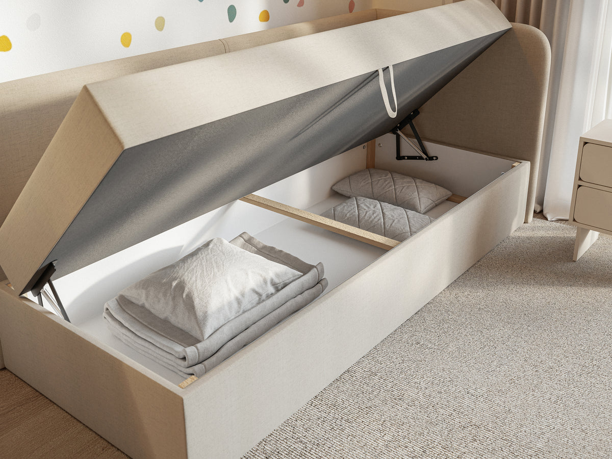 Lit junior 90x200 cm Calmmo droit avec rangement, chenille hydrofuge beige clair