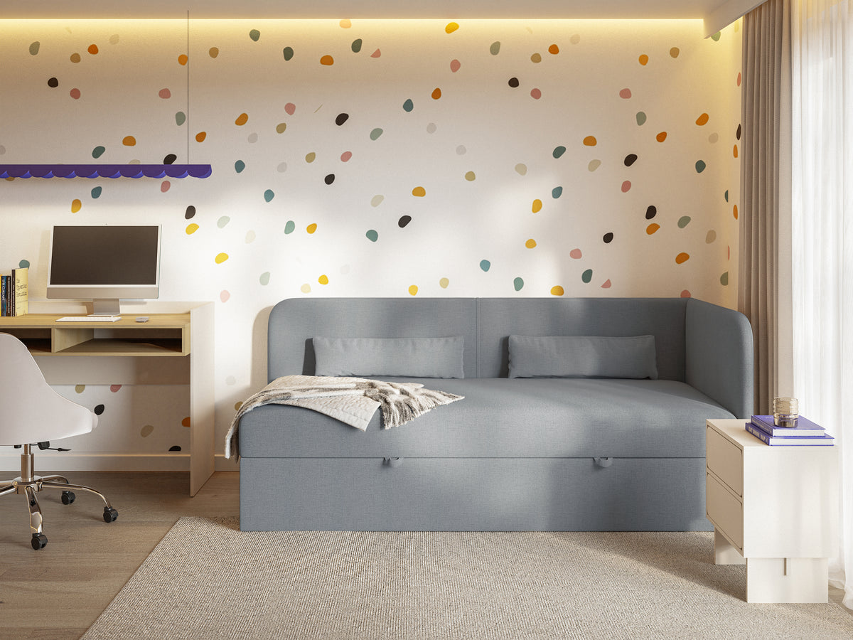 Lit jeune 90x200 cm Calmmo droit avec rangement, chenille hydrofuge gris foncé