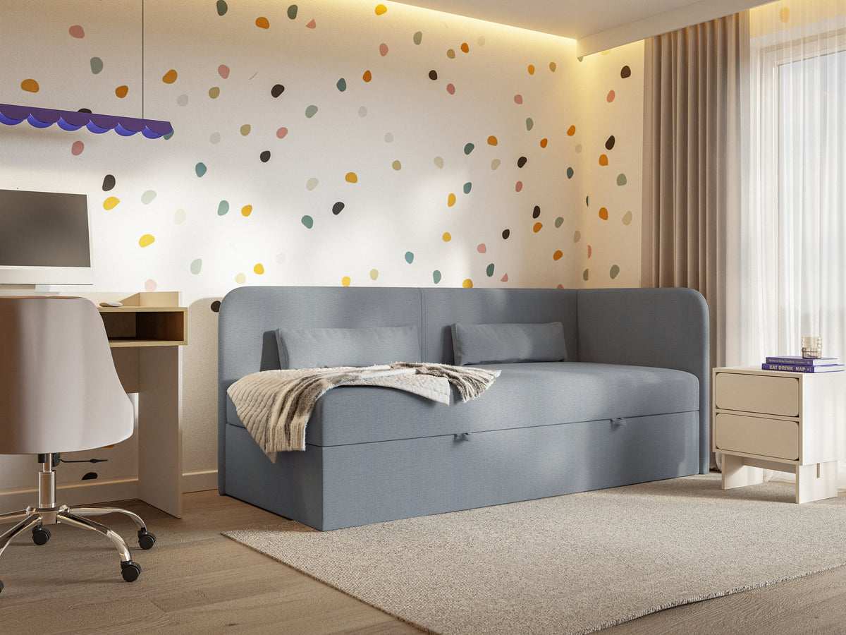 Lit jeune 90x200 cm Calmmo droit avec rangement, chenille hydrofuge gris foncé