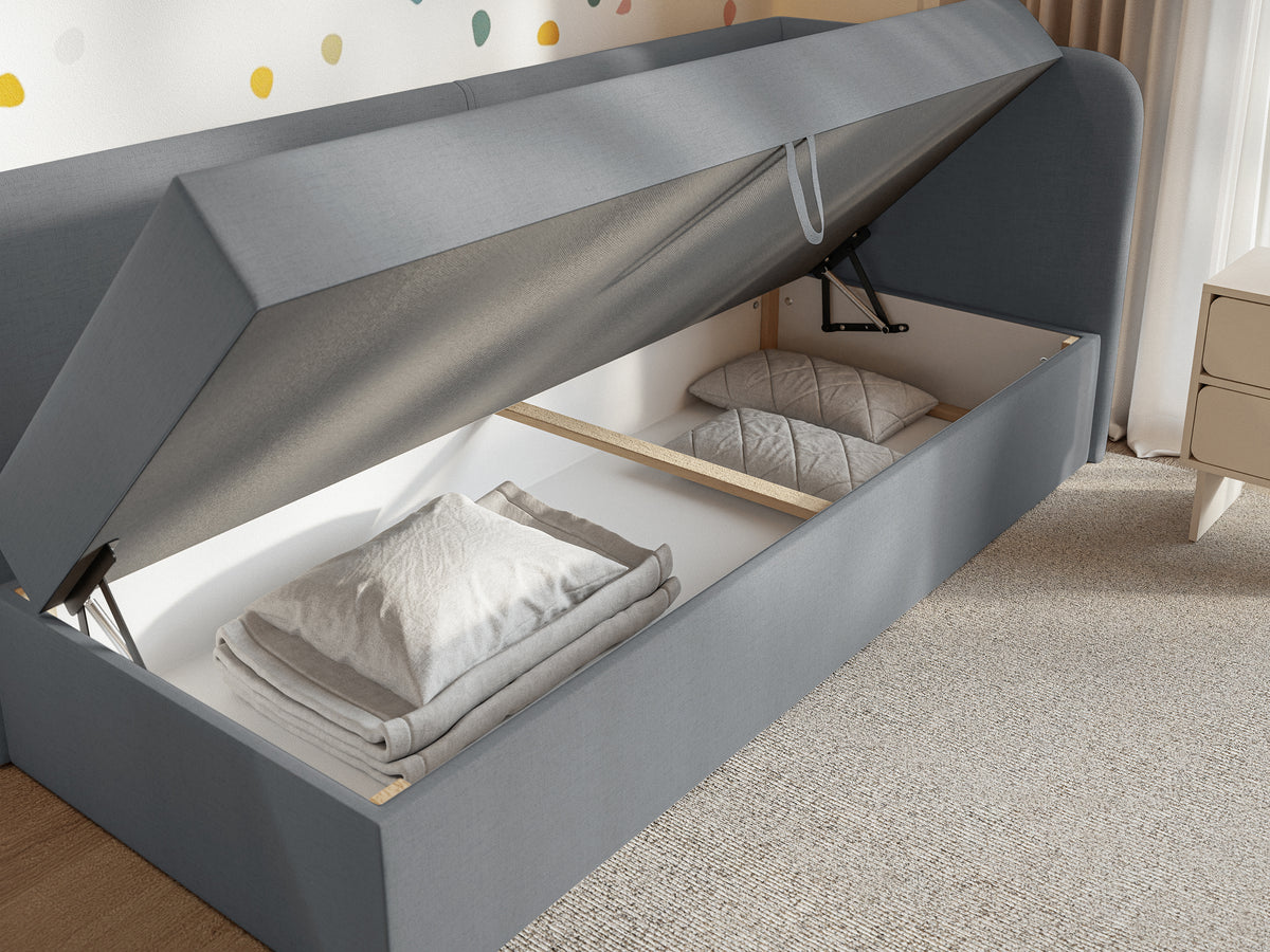 Lit jeune 90x200 cm Calmmo droit avec rangement, chenille hydrofuge gris foncé