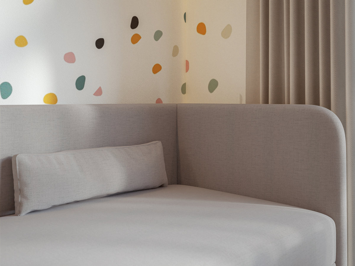 Lit jeune 90x200 cm Calmmo droit avec rangement, chenille hydrofuge beige foncé