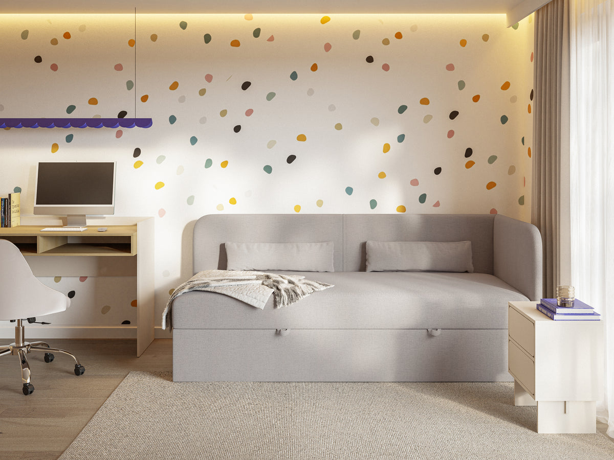Lit jeune 90x200 cm Calmmo droit avec rangement, chenille hydrofuge beige foncé