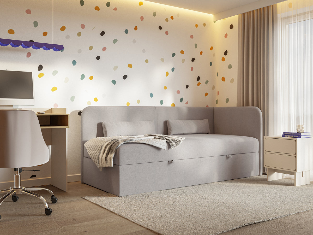 Lit jeune 90x200 cm Calmmo droit avec rangement, chenille hydrofuge beige foncé