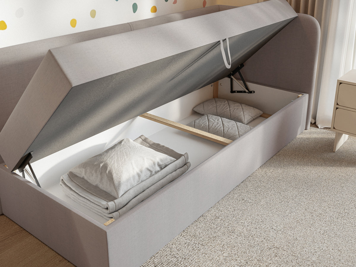 Lit jeune 90x200 cm Calmmo droit avec rangement, chenille hydrofuge beige foncé