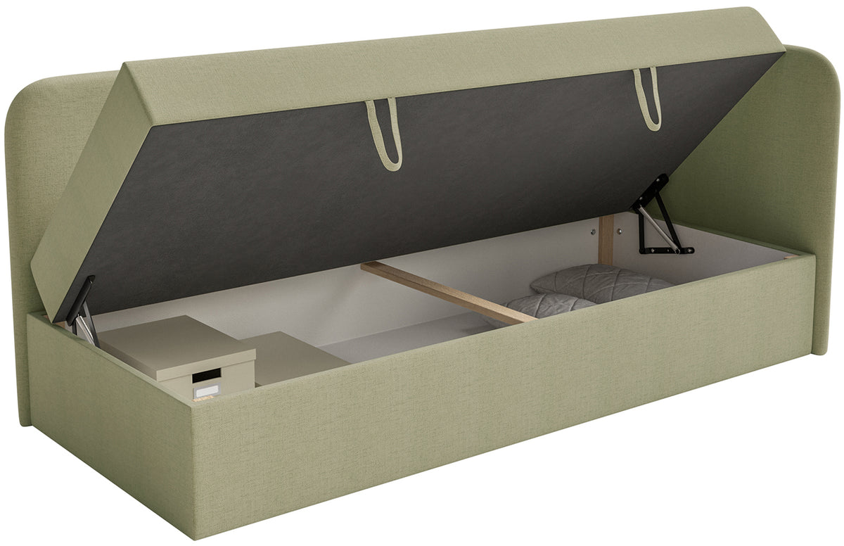 Lit pour adolescent 90x200 cm Calmmo droit avec rangement, velours hydrofuge olive