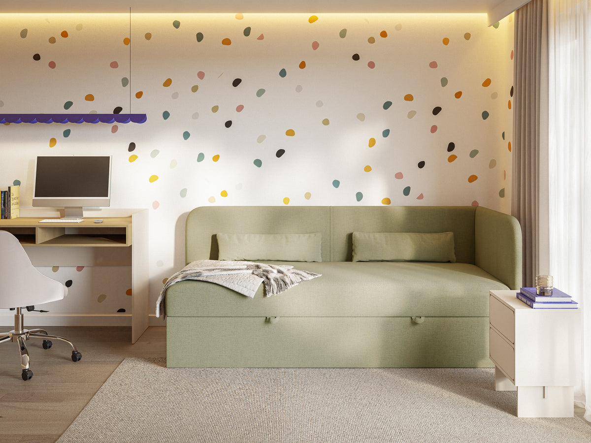 Lit pour adolescent 90x200 cm Calmmo droit avec rangement, velours hydrofuge olive