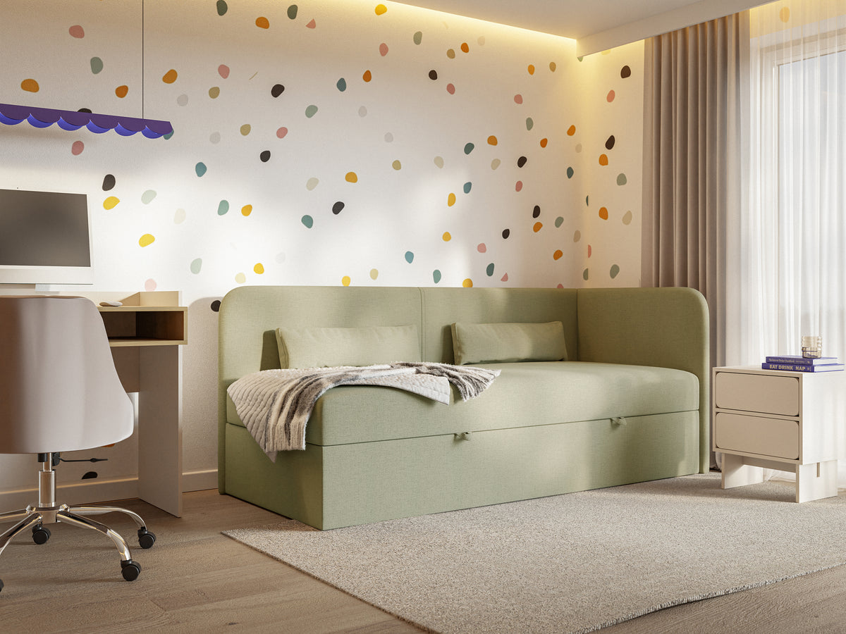 Lit pour adolescent 90x200 cm Calmmo droit avec rangement, velours hydrofuge olive