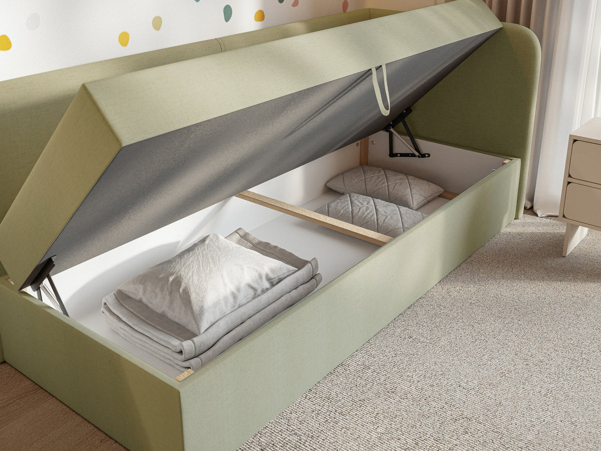 Lit pour adolescent 90x200 cm Calmmo droit avec rangement, velours hydrofuge olive