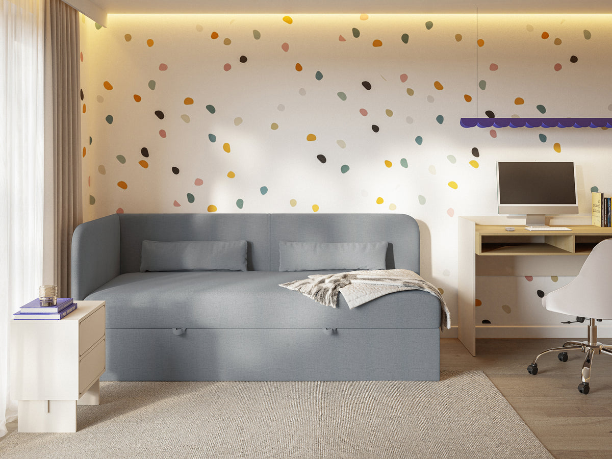 Lit pour adolescent 90x200 cm Calmmo gauche avec rangement, chenille hydrofuge gris foncé