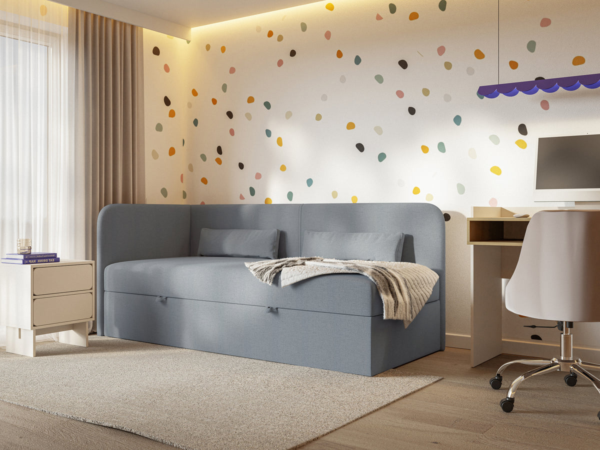 Lit pour adolescent 90x200 cm Calmmo gauche avec rangement, chenille hydrofuge gris foncé