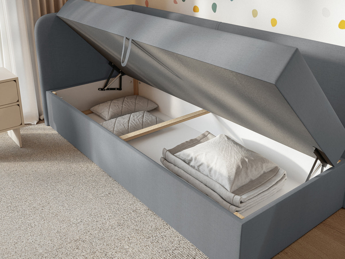Lit pour adolescent 90x200 cm Calmmo gauche avec rangement, chenille hydrofuge gris foncé
