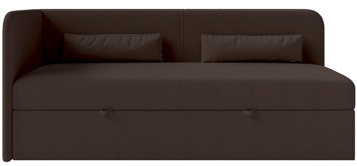 Jugendbett 90x200 cm Calmmo linksseitig mit Stauraum, dunkelbrauner hydrophober Chenillebezug