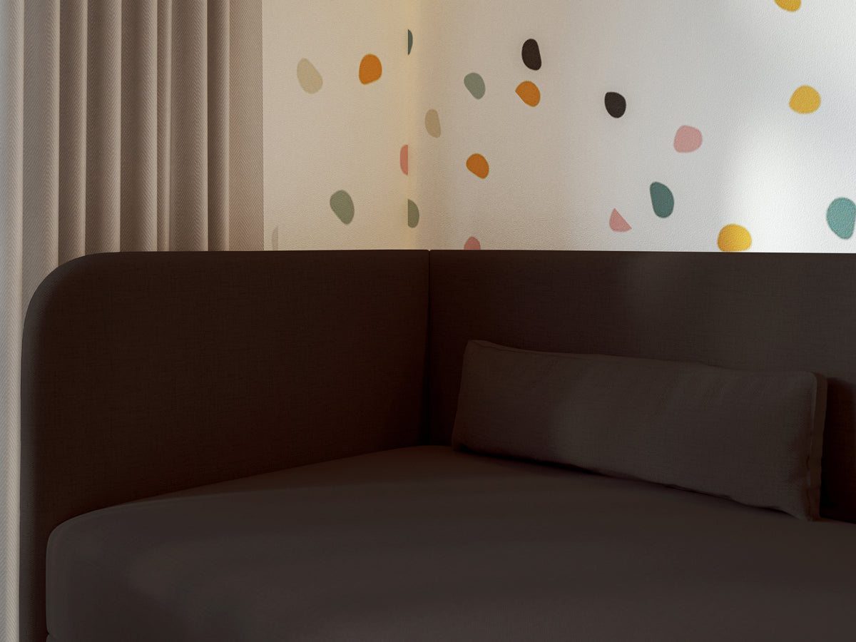 Jugendbett 90x200 cm Calmmo linksseitig mit Stauraum, dunkelbrauner hydrophober Chenillebezug