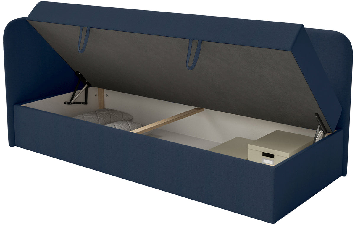Jugendbett 90x200 cm Calmmo linksseitig mit Stauraum, marineblauer hydrofober Chenille-Stoff