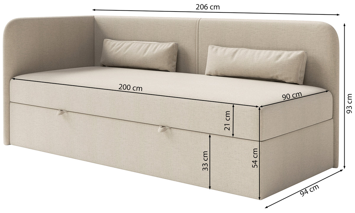 Jugendbett 90x200 cm Calmmo linksseitig mit Stauraum, dunkelbeige Chenille, wasserabweisend