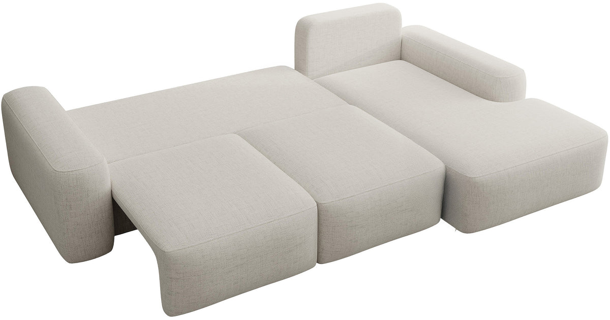 Canapé d'angle Carnos avec fonction couchage, forme en L, avec coussin boule, coussins simples en chenille crème, orientation droite