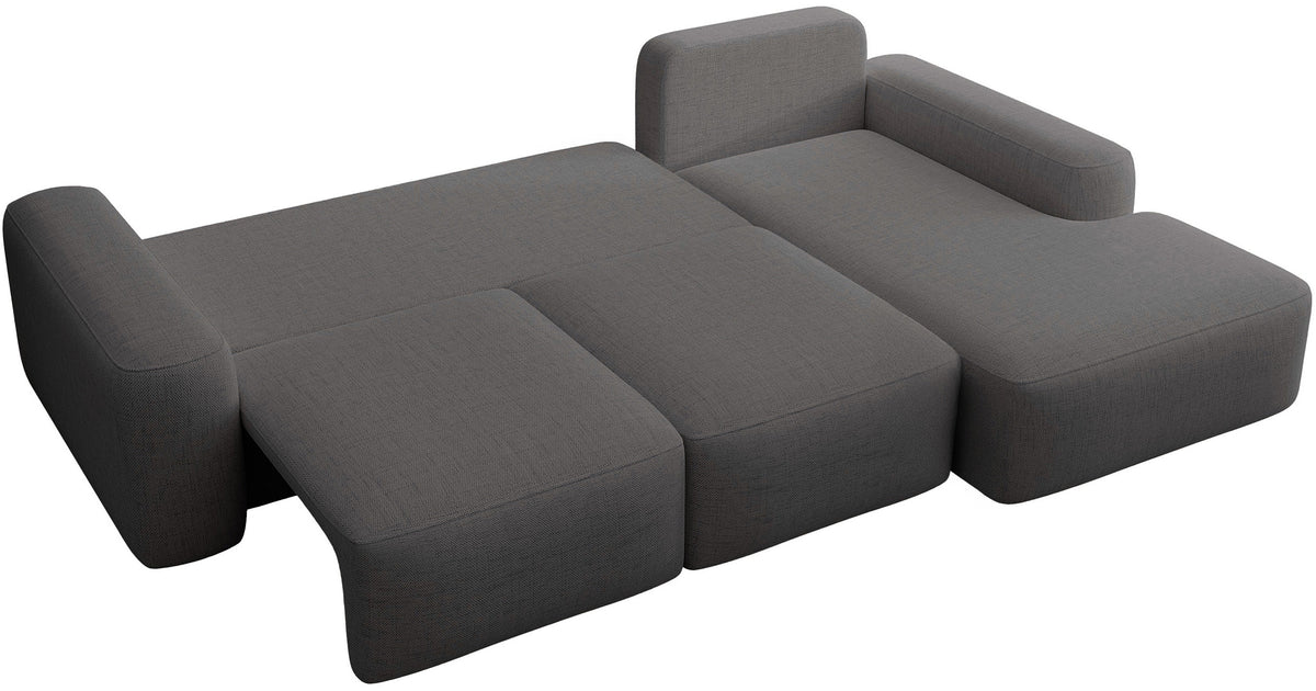 Ecksofa mit Schlaffunktion Carnos, L-förmig, mit zusätzlichen Lendenkissen, dunkelgrauer hydrophober Chenille, rechtsseitig