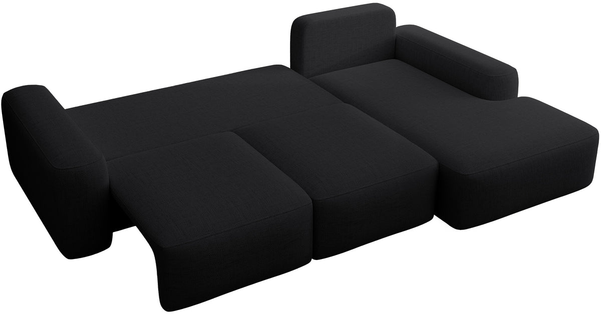 Ecksofa mit Schlaffunktion Carnos, L-förmig mit Ball, einzelne Kissen, schwarzer hydrophober Chenille-Stoff, rechtsseitig