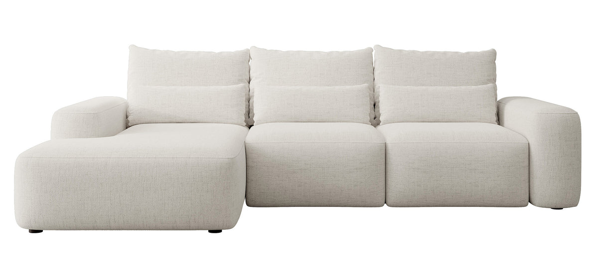 Canapé d'angle convertible Carnos en L avec coussins lombaires supplémentaires, tissu chenille crème, côté gauche