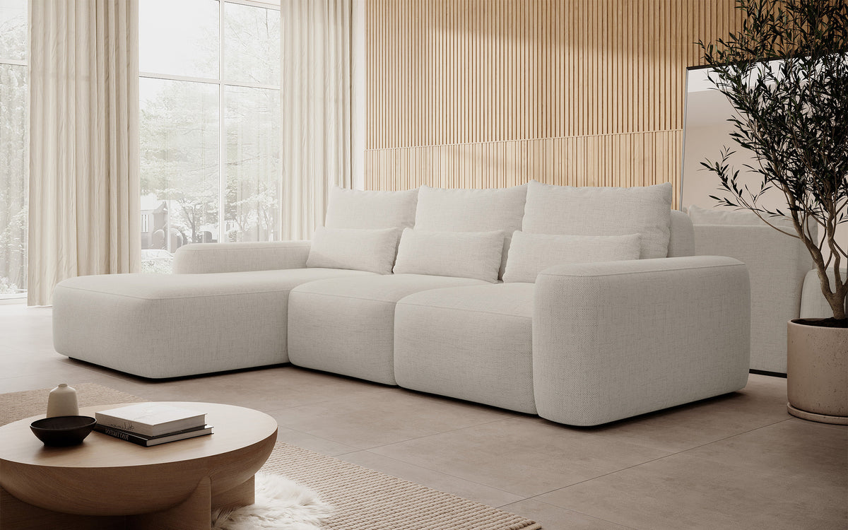 Canapé d'angle convertible Carnos en L avec coussins lombaires supplémentaires, tissu chenille crème, côté gauche