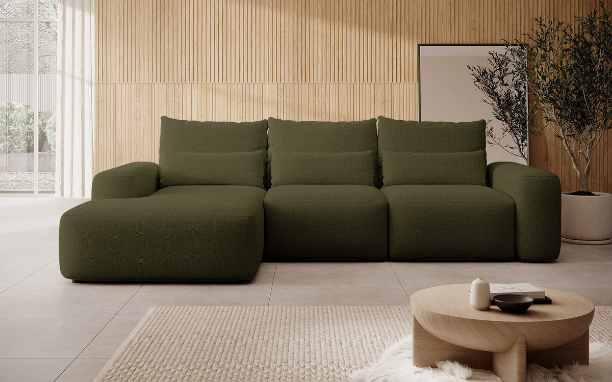 Ecksofa mit Schlaffunktion Carnos, L-förmig, mit zusätzlichen Lendenkissen, olivgrüner hydrophober Chenille-Stoff, linksseitig