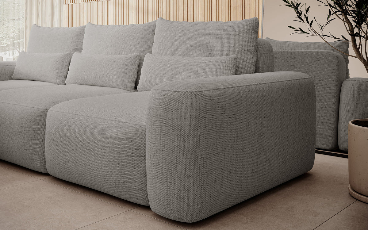 Canapé d'angle convertible Carnos en L avec coussins lombaires supplémentaires, tissu chenille gris, version gauche