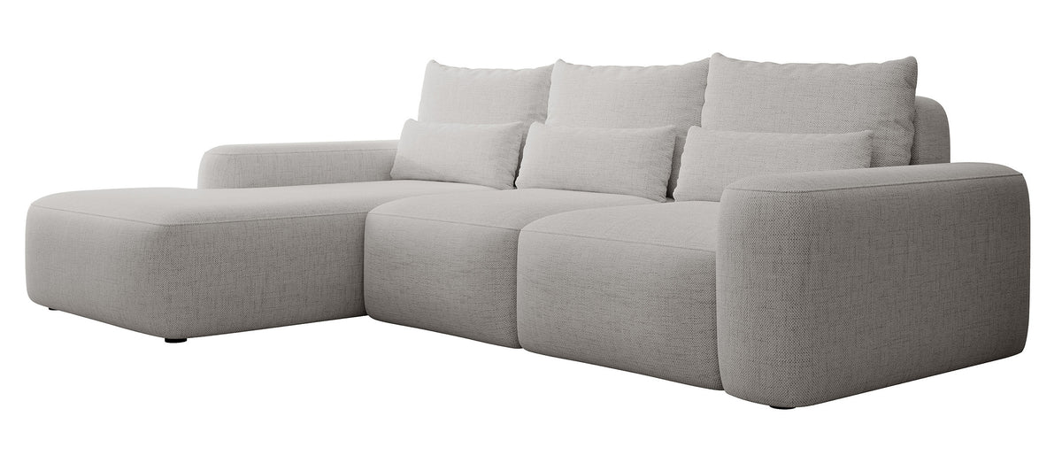 Canapé d'angle convertible Carnos en L avec coussins lombaires supplémentaires, tissu chenille gris, version gauche