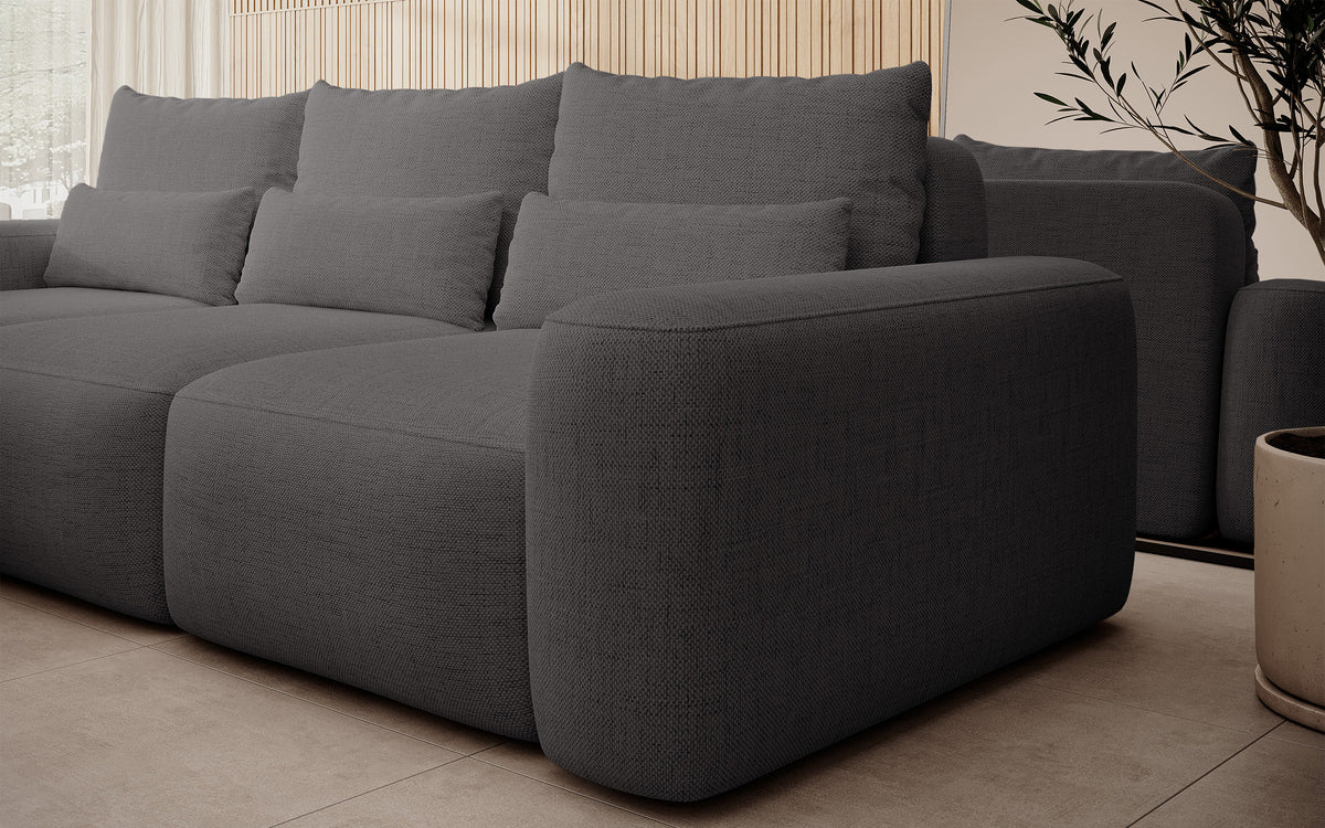 Ecksofa mit Schlaffunktion Carnos, L-förmig, mit zusätzlichen Lendenkissen, dunkelgrauer hydrophober Chenille-Stoff, linksseitig