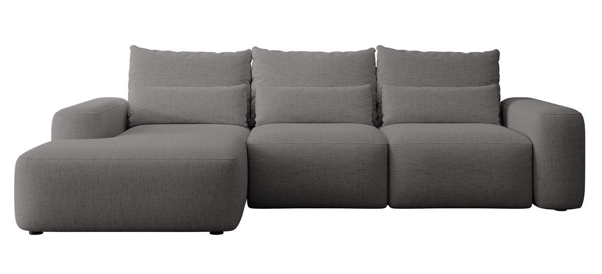 Ecksofa mit Schlaffunktion Carnos, L-förmig, mit zusätzlichen Lendenkissen, dunkelgrauer hydrophober Chenille-Stoff, linksseitig