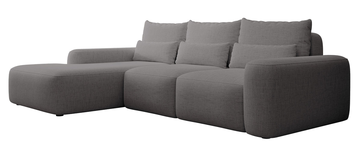 Ecksofa mit Schlaffunktion Carnos, L-förmig, mit zusätzlichen Lendenkissen, dunkelgrauer hydrophober Chenille-Stoff, linksseitig