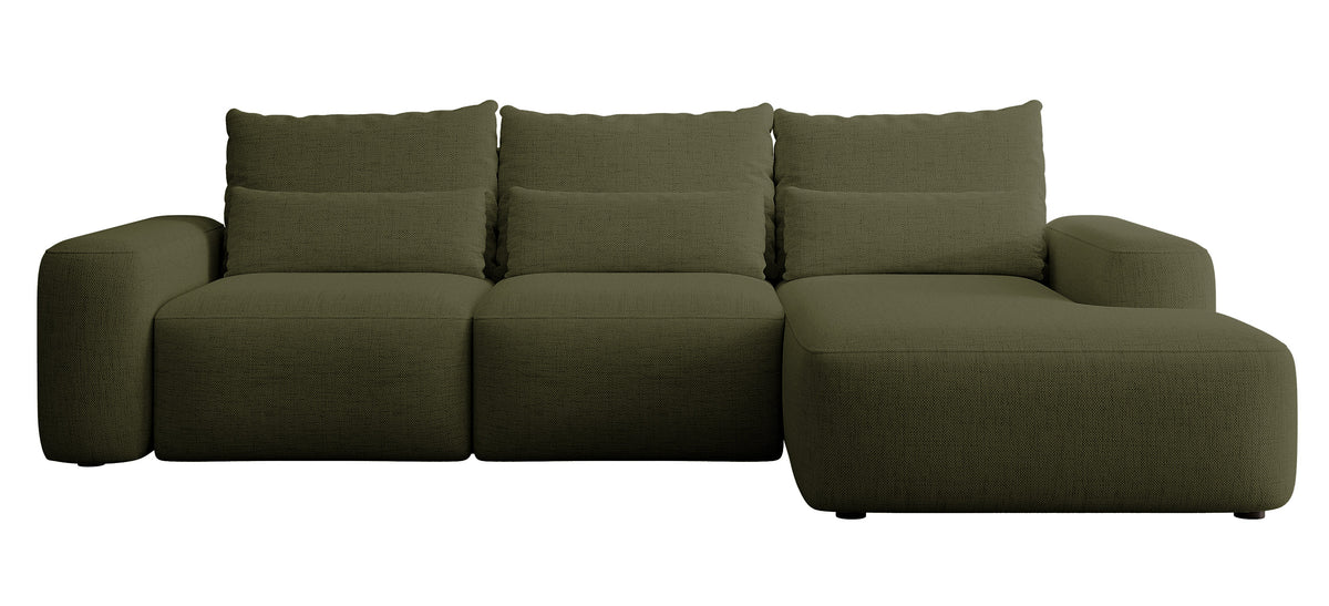 Ecksofa mit Schlaffunktion Carnos, L-förmig, mit zusätzlichen Lendenkissen, olivgrüner hydrophober Chenille, rechtsseitig