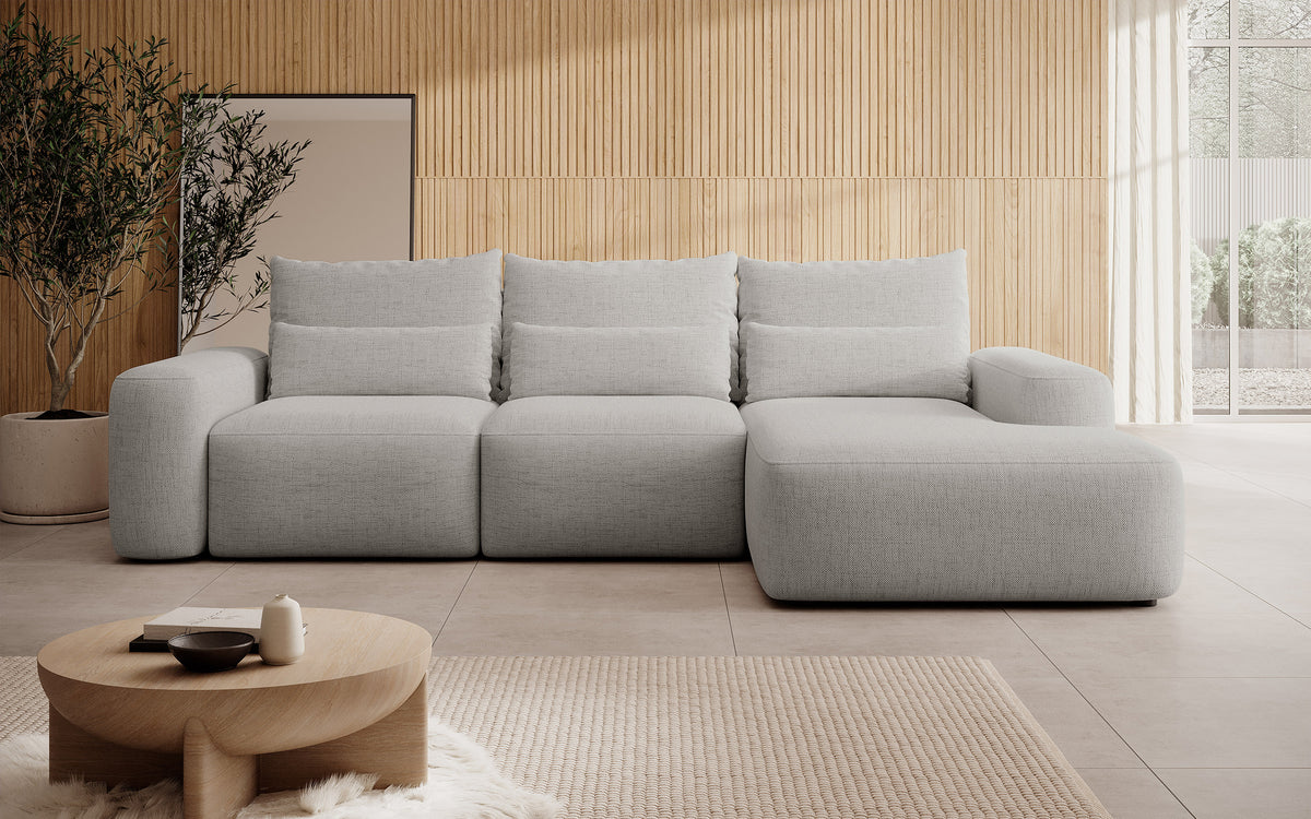 Canapé d'angle Carnos L avec fonction couchage, coussins lombaires supplémentaires, tissu chenille gris, orientation droite