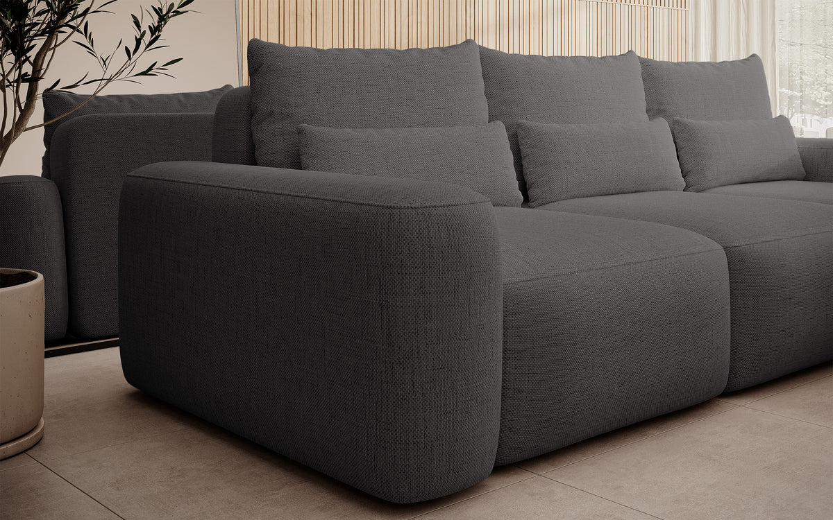 Ecksofa mit Schlaffunktion Carnos, L-förmig, mit zusätzlichen Lendenkissen, dunkelgrauer hydrophober Chenille, rechtsseitig